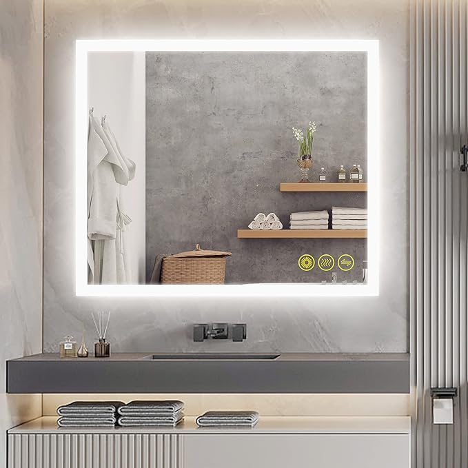 Wall-Mounted LED Square Bathroom Mirror, Makeup Mirror (36inches x 30inches,) 3 Color Stepless Dimmable Memory Bathroom Vanity Mirror with Lights CRI90+ 3000-6400K Smart Mirror with Touch