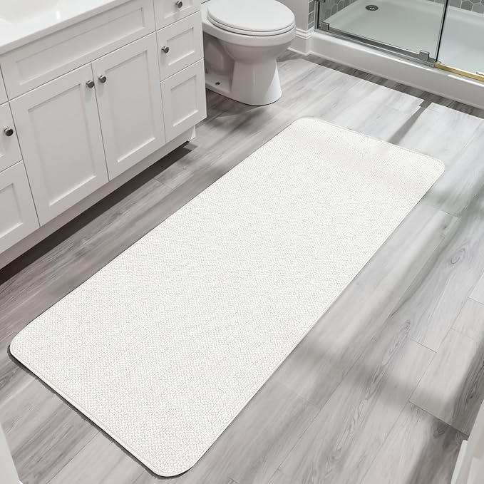 Bath Mat,Ultra Thin Bathroom Runner Rugs,Large Bath Mats for Bathroom,Quick Dry,Non-Slip,Machine Washable,Low Pile,Bath Rug,Shower Outside,Sink,Home Decor Accessories.White,1'5"x4'11"（17x59inch）