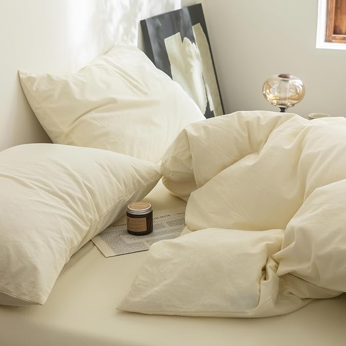 FOSSA Duvet Cover Set 100% Washed Cotton Linen Feel Super Soft Breathable Cozy 3 Pieces Bedding Sets Solid Cream White Oversized King