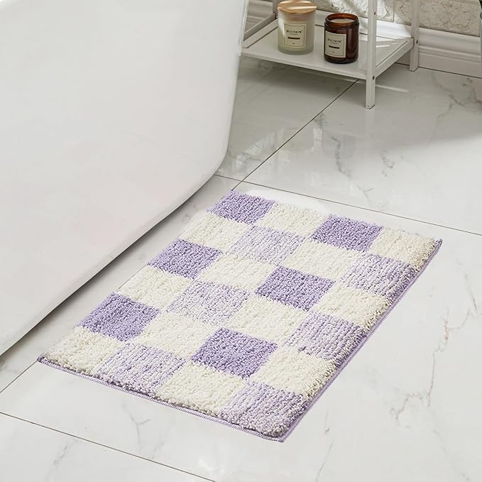 CozeCube Bath mats for Bathroom Non Slip, Fluffy Absorbent Microfiber Bath mat Washable, Aesthetic Bathroom Rugs, Long Purple Checkered Bath mat, Lavender, 47" x 24"