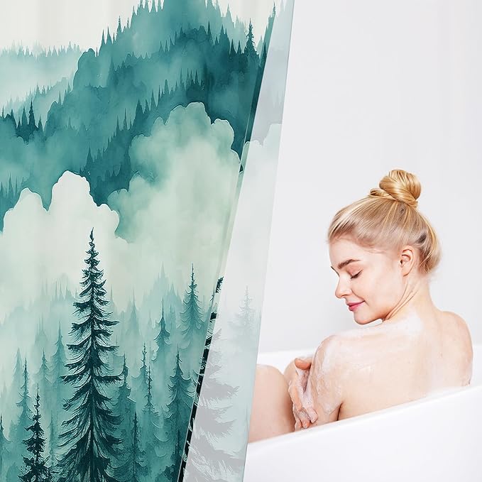 Teal Blue Small Stall Misty Pine Forest Shower Curtain 36 x 72, Mountain Foggy Woodland Scenery Tree Narrow Half Size Shower Curtains for Bathroom, Turquoise Waterproof Nature-Themed Decor
