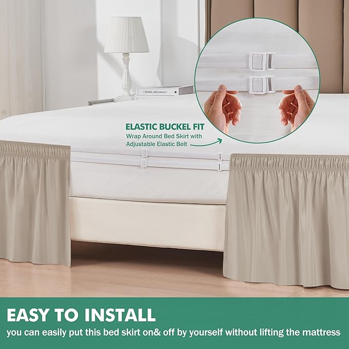 Biscaynebay Wrap Around Bed Skirts with Split Corners for King Beds 14" Drop, Light Camel Elastic Dust Ruffles Adjustable Easy Fit Wrinkle & Fade Resistant Silky Luxurious Fabric Machine Washable