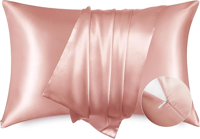 Bedsure Satin Pillowcase with Zipper, Similar to Silk Pillow Cases 2 Pack, Silky & Soft Satin Pillow Cases Standard Size for Hair and Skin, Peach Pink Pillow Covers, Gifts for Women Men, 20x26 Inches