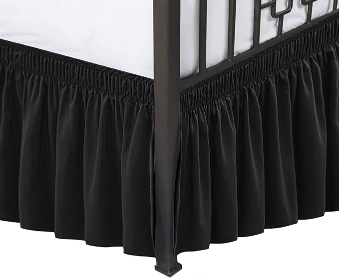 Biscaynebay Wrap Around Bed Skirts with Split Corners for Full Beds 17" Drop, Black Elastic Dust Ruffles Easy Fit Wrinkle & Fade Resistant Silky Luxurious Fabric Solid Machine Washable