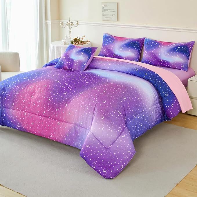 URBONUR 6Pcs Glitter Comforter Set for Girls Full Size Colorful Gradient Galaxy Bedding Set Kids Teen Comforter Sets Bed in A Bag Full (Purple Blue)