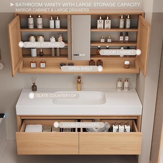 Single Sink Bathroom Vanity, 52Inch Modern Bathroom Vanity Set Includes LED Smart Defogging Mirror Cabinet and Open Shelf, Floating Vanities with One Piece Sink and Drawers Storage(Original Wood )