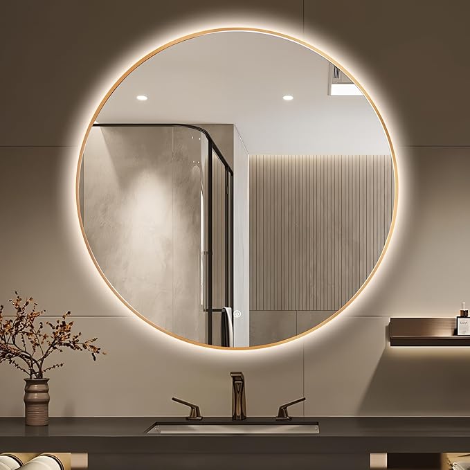 Niccy 48" LED Backlit Round Mirror for Bathroom, Gold Framed Vanity Light Wall Mirror LED Smart Circle Mirrors with 3 Lighting Colors, Dimmable Lighted Mirror with Anti-Fog, IP65 Waterproof