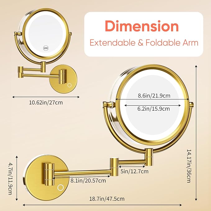 GURUN Wall Mounted Hardwired Makeup Mirror with 3 Tones Dimmable LED Lights 10x Magnifying Mirror with Touch Control for Bathroom Bedroom 13" Extendable Arm M1809DB-GJ Retro Gold