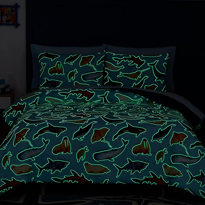 Full Size Comforter Set for Boys-7 Pieces Ocean Animals Glow in The Dark Full Bedding Sets for Kids, Ultra Soft Bed in A Bag with Sheets