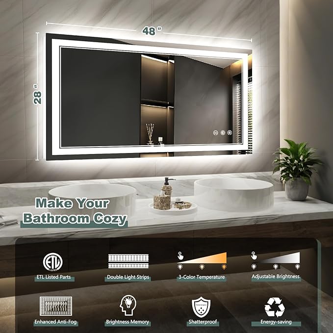 LED Bathroom Mirror with Lights: 48"x28" Wall Mounted Large Lighted Mirrors Fogless, Anti-Fog,Dimmable,Memory Function, Shatterproof Tempered Glass, Espejos para Baños, ETL Listed