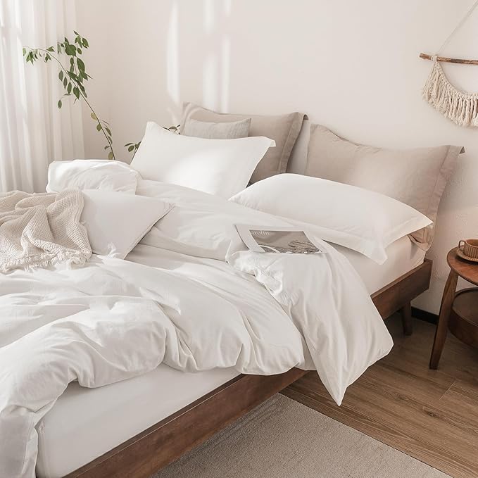 Linen Feel Duvet Cover Oversized King Size 120inch x 98inch,100% Washed Cotton Duvet Cover with Zipper Closure and 2 Pillowcases, Color of Off White