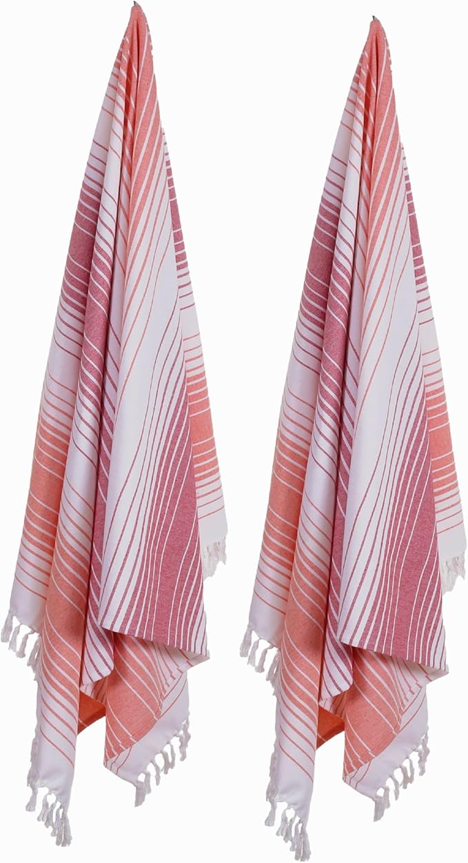 Native Fab 100% Cotton Peshtemal Turkish Bath and Beach Towels Set of 2, Large 40x71 Travel Sarong Gym Pool Spa Towels, Ultra Soft Quick Dry Absorbent Fouta Hammam Peshtemal Towels Red Orange
