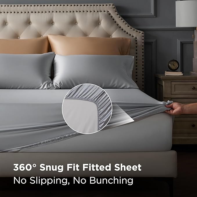 Bedsure Satin Sheets Twin Size - 3 Piece Silky Bedsheets with 15 Inches Deep Pocket Fitted Bedsheet,1 Flat Sheet, 1 Satin Pillowcase, Good for Hair & Skin (Twin, Silver Grey)