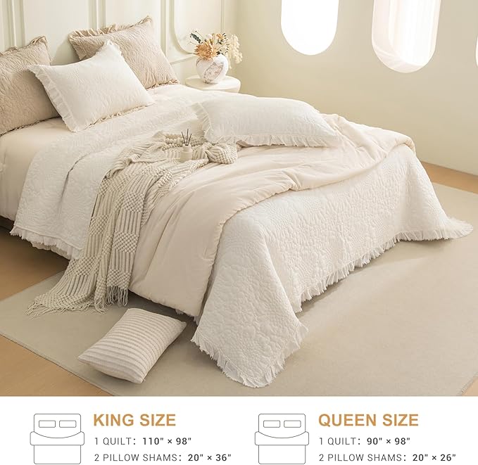 QSH 3PCs Stonewashed Cotton Quilt King (110"x98"),Milk White Ruffled Quilt King Size Bedding Set,Ultra Lightweight Soft Crinkle Bedspread Coverlet King Shabby Farmhouse Chic Bedspreads for All Seasons