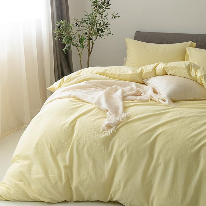 FOSSA Duvet Cover Set 100% Washed Cotton Linen Feel Super Soft Breathable Cozy 3 Pieces Bedding Sets Solid Pastel Yellow Super King