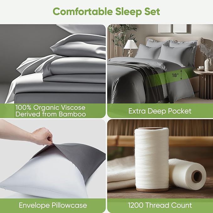TWK Luxury Sheet Set, Genuine 100% Viscose Derived from Bamboo, Cooling & Breathable, Silky Soft, Bedding Sheets & Pillowcases (Gray, California King)