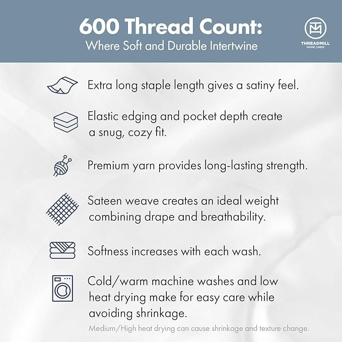 Threadmill 100% Cotton Sheets for Twin Size Bed - 600 Thread Count Twin Bed Sheets Set with 15” Deep Pocket - Damask Stripe Sateen Weave 3-Piece Bedding Set with Cooling Effect, Dark Grey