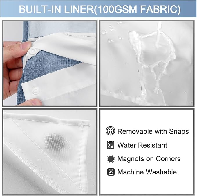 YellyHommy No Hook Shower Curtain with Snap in Liner Set Less Waffle Shower Curtain for Bathroom (Sky Blue, 81" L x 72" W)