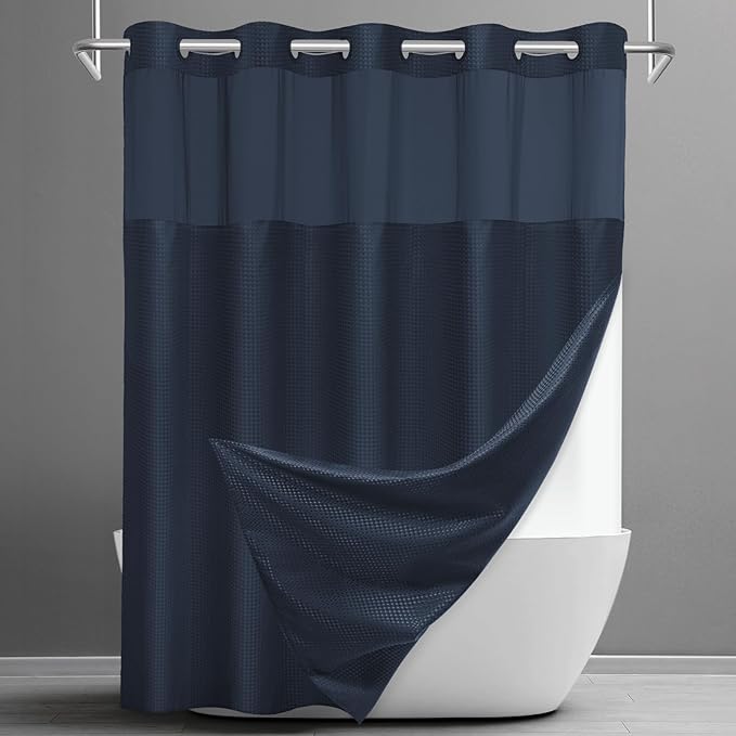 No Hook Shower Curtain with Snap in Liner Set Waffle Shower Curtain for Bathroom Hotel Style Fabric Waterproof Inner Liner，71" W x 86" H, Navy Blue