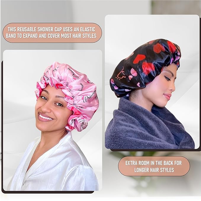 Satin Shower Cap for Women, Reusable and Waterproof Shower Cap for Long Hair, Luxury Print and Double Layer (Pink, Large)
