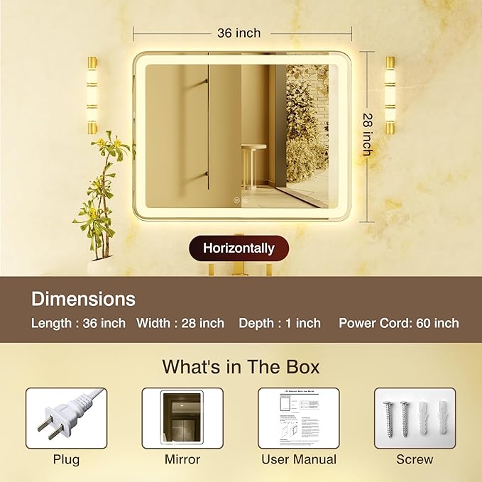 28x36 LED Bathroom Mirror, Lighted Bathroom Vanity Mirror with Stepless Dimmable, 3 Colors, Anti-Fog, Front and Back Lighted Mirror for Wall