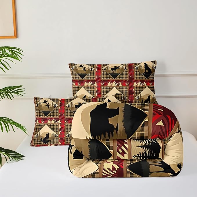 Red and Black Plaid Comforter Set Full，Full Size Bedding Set Animal Print，Rustic Farmhouse Quilt Bedding Sets Full，with 1 Comforter with 2 Pillow Case