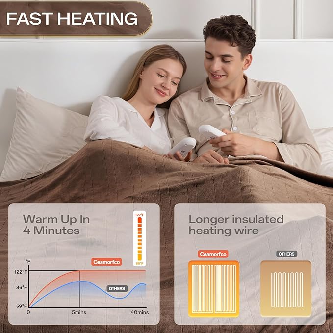Electric Blanket King Size, Ultra Soft Flannel Heated Blanket for Full Body, Dual Control Heating Blankets with 10 Hours Automatic Shut Off, 8 Heating Levels, Washable, Double Zone, 100" x 90" Brown