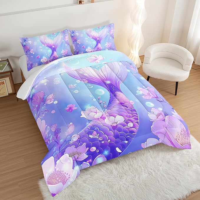 Pretty Mermaid Comforter Twin for Girls Kids, Mermaid Fish Scale Floral Pattern Bedding for Girls Bedroom Decor, Ocean Themed Comforter Bedding Sets with 2 Pillowcases
