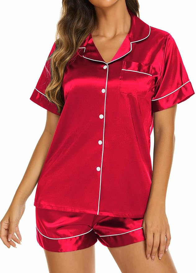Ekouaer Silk Pajamas for Women Short Sleeve Sleepwear Soft Button Down Loungewear 2 Piece Satin Pjs Shorts Set