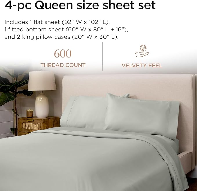 Threadmill 100% Cotton Sheets for Queen Size Bed - 600 Thread Count Queen Bed Sheets Set with 16” Deep Pocket - Sateen Weave 4-Piece Bedding Set with Cooling Effect, Light Grey