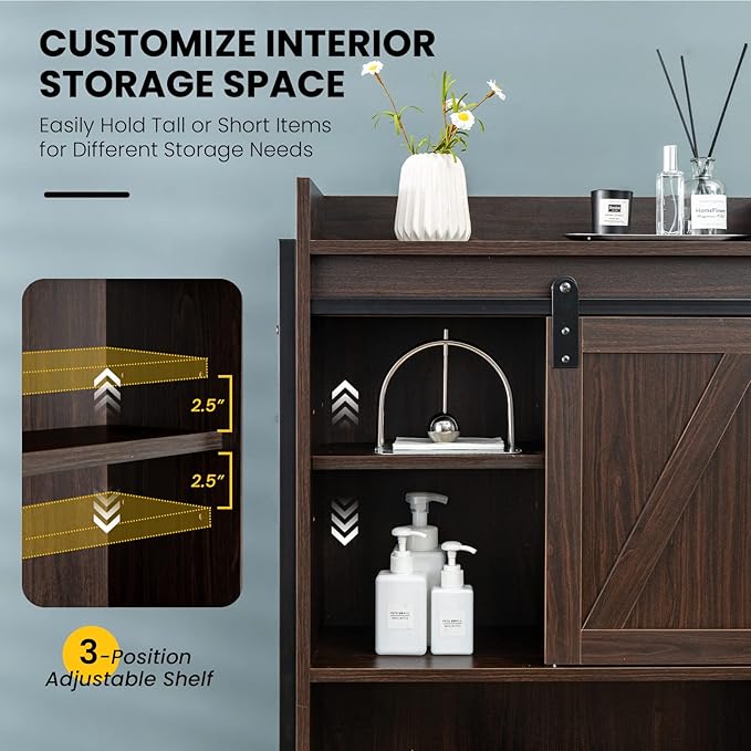 Giantex Over The Toilet Storage Cabinet - Freestanding Bathroom Organizer Rack with Adjustable Shelf, Sliding Barn Door, Paper Holder, Bathroom Space Saver, Above Toilet Storage Cabinet (Espresso)