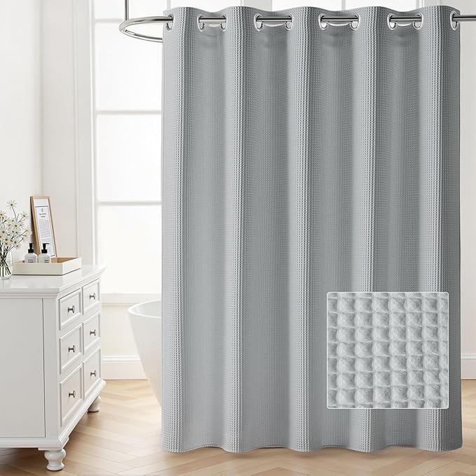 River Dream 86" Extra Long No Hooks Shower Curtain with Snap in Liner, Waffle Weave Cotton Blend,Hotel Quality,Black,71Wx86L