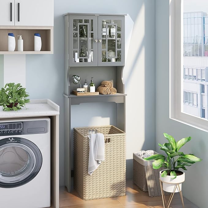 BestComfort Wooden Over The Toilet Storage Cabinet, Home Bathroom Space Saver, Double Doors, Adjustable Shelf Organizer, Open Storage Shelf, Freestanding Toilet Storage Rack Unit (Gray), Grey