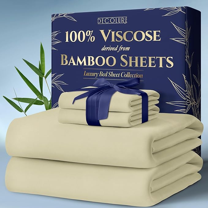 DECOLURE 100% Viscose Derived from Bamboo Sheets Queen Size 4pcs - Ultra Soft & Luxuriously Cooling, 17" Deep Pocket, Double Stitching, Perfect for Hot Sleepers - Queen Bed Sheets (Creme)
