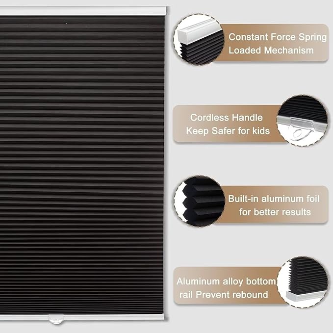 MYshade 1.5-Inch Cellular Cordless Blackout Shades,Thermal Insulating Noise Reducing Waterproof Blinds,Honeycomb Window Treatments for Indoor Light Control (Black-36 W x 64" H)