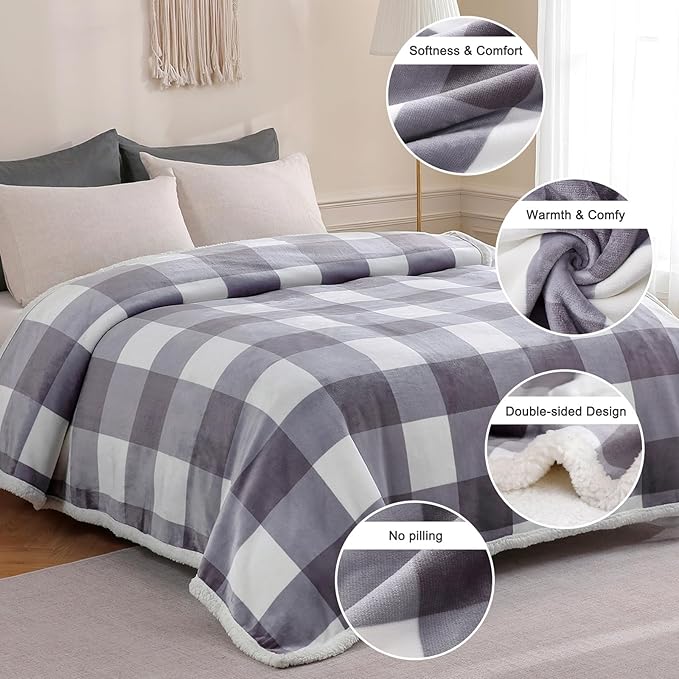 Sherpa Blanket Throw Blanket for Couch Bed Sherpa Fleece Blanket Fluffy Checkered Soft Blanket for All Season Use Cozy Thick Warm Big Throws Twin (Grey-Soft White, 60"*80")