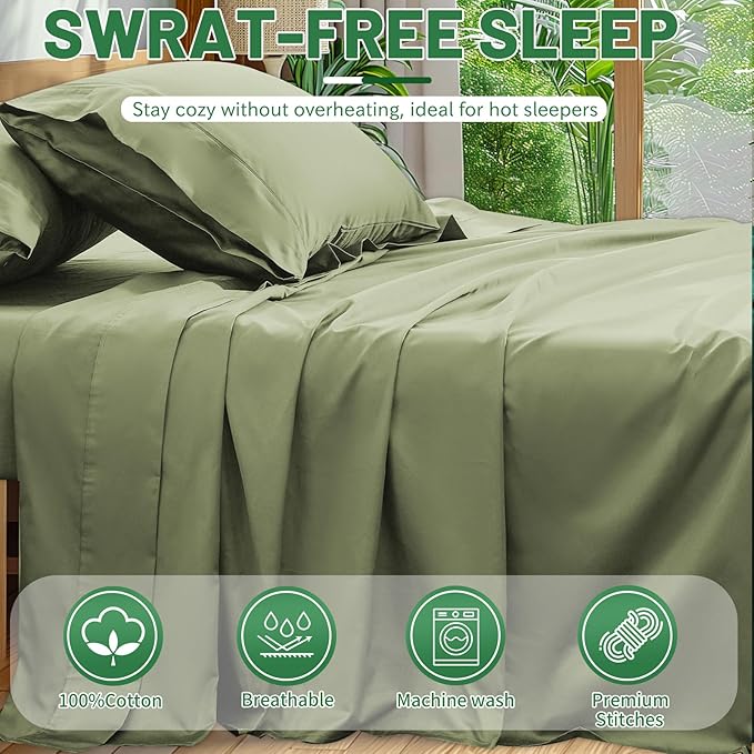 Extra Deep Pocket King Sheets 18-24 Inch 1000 Thread Count 100% Egyptian Cotton Sateen Weave Soft Breathable 4 Pieces（King，Olive Green）