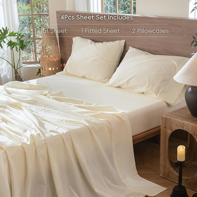 MooMee Bedding Sheet Set 100% Washed Cotton Linen Like Textured Breathable Durable Soft Comfy (Solid Cream White, California King)