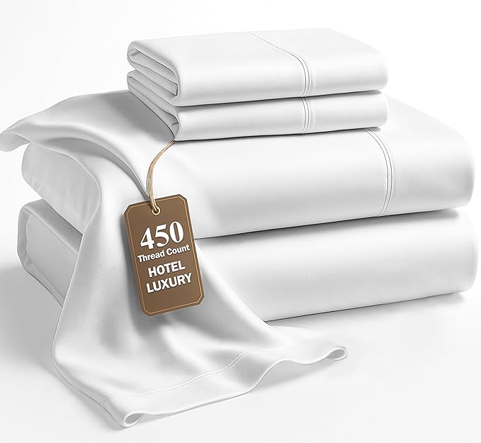 Lane Linen 100% Cotton Sheets – 450 Thread Count Full Size Sheet Set, Naturally Cooling Sateen Sheets, Soft & Comfy, 15” Deep Pocket Fully Elasticized Fitted Sheet, Bedding Sheets & Pillowcases, White