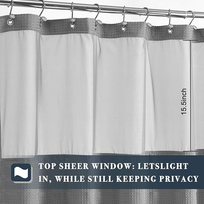 N&Y HOME Long Waffle Weave Shower Curtain with Snap-in Fabric Liner and 12 Hooks Set - 71" x 78", Hotel Style & Mesh Top Window, Machine Washable, Water Repellent - 71x78, Gray