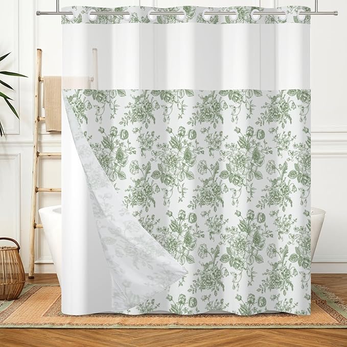 Floral Shower Curtain No Hooks with Snap in Fabric Liner Set,Spring Farmhouse Shower Curtain Hotel Bathroom Decor,with See Through Top Window,Green Flowers Fabric Waterproof,71x74 Inch