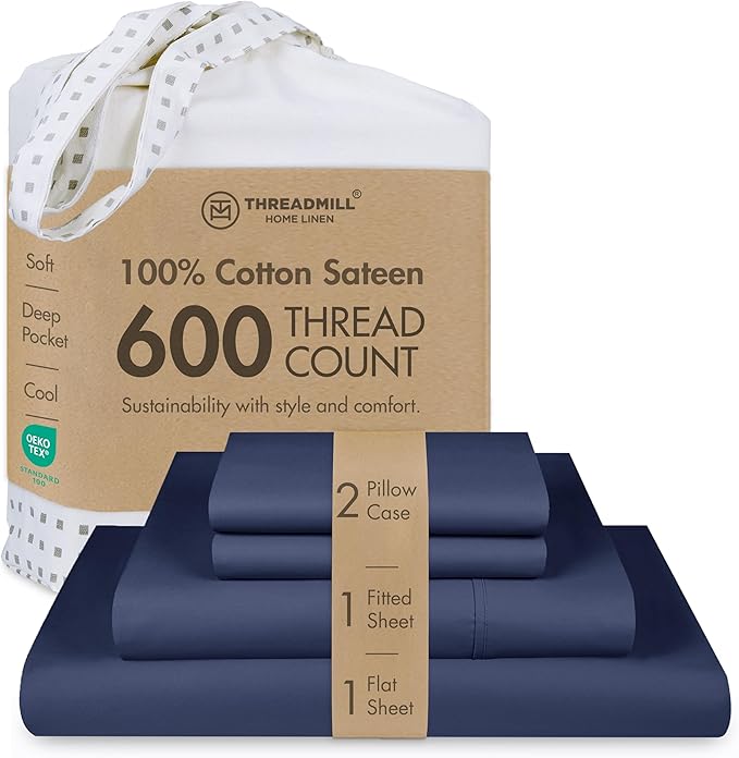 Threadmill 100% Cotton Sheets for Queen Size Bed - 600 Thread Count Queen Bed Sheets Set with 16” Deep Pocket - Sateen Weave 4-Piece Bedding Set with Cooling Effect, Folkstone Blue