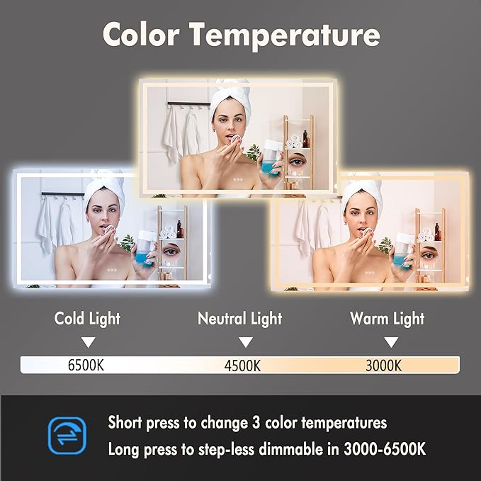 GarveeHome 60x36 LED Bathroom Mirror with Lights, Dimmable, Anti-Fog, Backlit + Front Lit, Smart Bathroom Vanity Mirror for Wall, Memory Function, Shatter-Proof (Horizontal/Vertical)