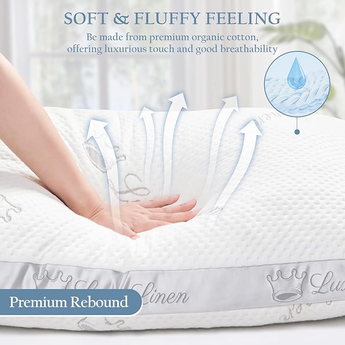 Organic Cotton King Size Pillows, Shredded Memory Foam Pillows, Adjustable Bed Pillow for Sleeping, 20"x36"Organic Cotton Bed Pillows for Side, Back, Stomach Sleepers（Pack of 1）