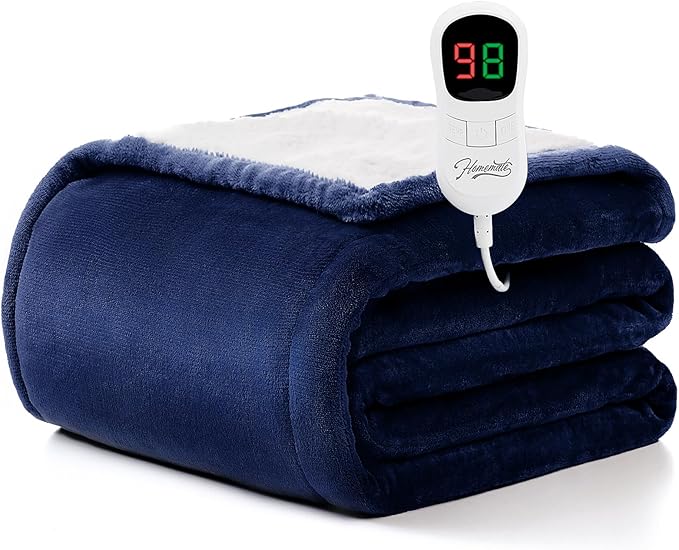 Homemate Heated Blanket Electric Throw - 50"x60" Heating Blanket Throw 1/2/4/6/8 Hours Auto-Off 10 Heat Level Over-Heat Protection Flannel Sherpa ETL Certification