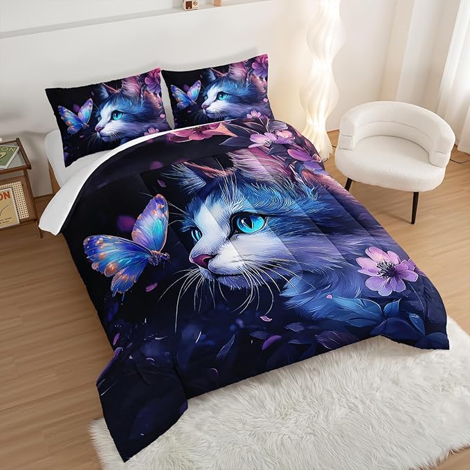 Kids Cat Comforter Set Queen Size,Fantasy Cats Butterfly Flowers Bedding Set for Kids Girls Kawaii Room Decor,Cute Little Animal Themed Toddler Bedding Set with 2 Pillowcases.