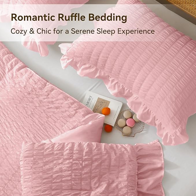 JOLLYVOGUE Pink Seersucker King Comforter Set, 3 Pieces Bed in a Bag Comforter Set, Lightweight & Fluffy Bedding Sets King for All Season with 1 Ruffle Comforter and 2 Ruffle Pillowshams