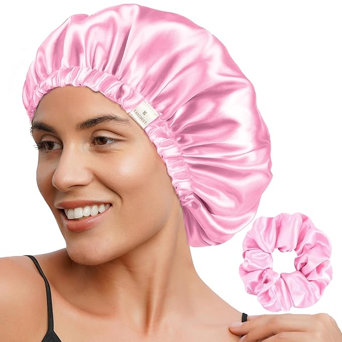 YANIBEST Adjustable Silk Bonnet Double Layer Satin Bonnet Hair Bonnet for Sleeping Bonnets for Women Hats Curly Natural Hair, Pink