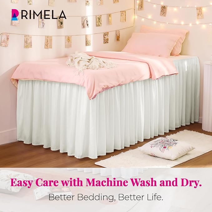 RIMELA Dorm Bed Skirt Twin XL 36 Inch Drop, Easy to Install Extra Long Wrap Around Elastic Dust Ruffle, Warm White Bedskirt Solid Silky Fabric Machine Washable (Twin XL 80“L x 39”W & Twin 75“L x 39”W)