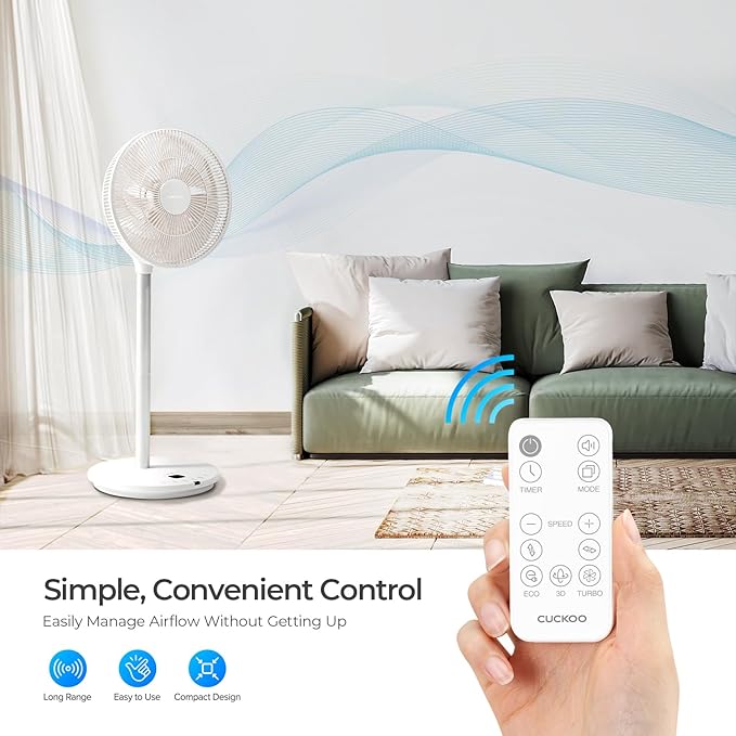 CUCKOO Oscillating Fan for Bedroom, Standing Pedestal Floor Fan with 12 Speeds & 4 Wind Modes, Adjustable Height with Remote, Quiet BLDC Electric Motor, Ideal for Any Room, White (CF-AC1410WH)